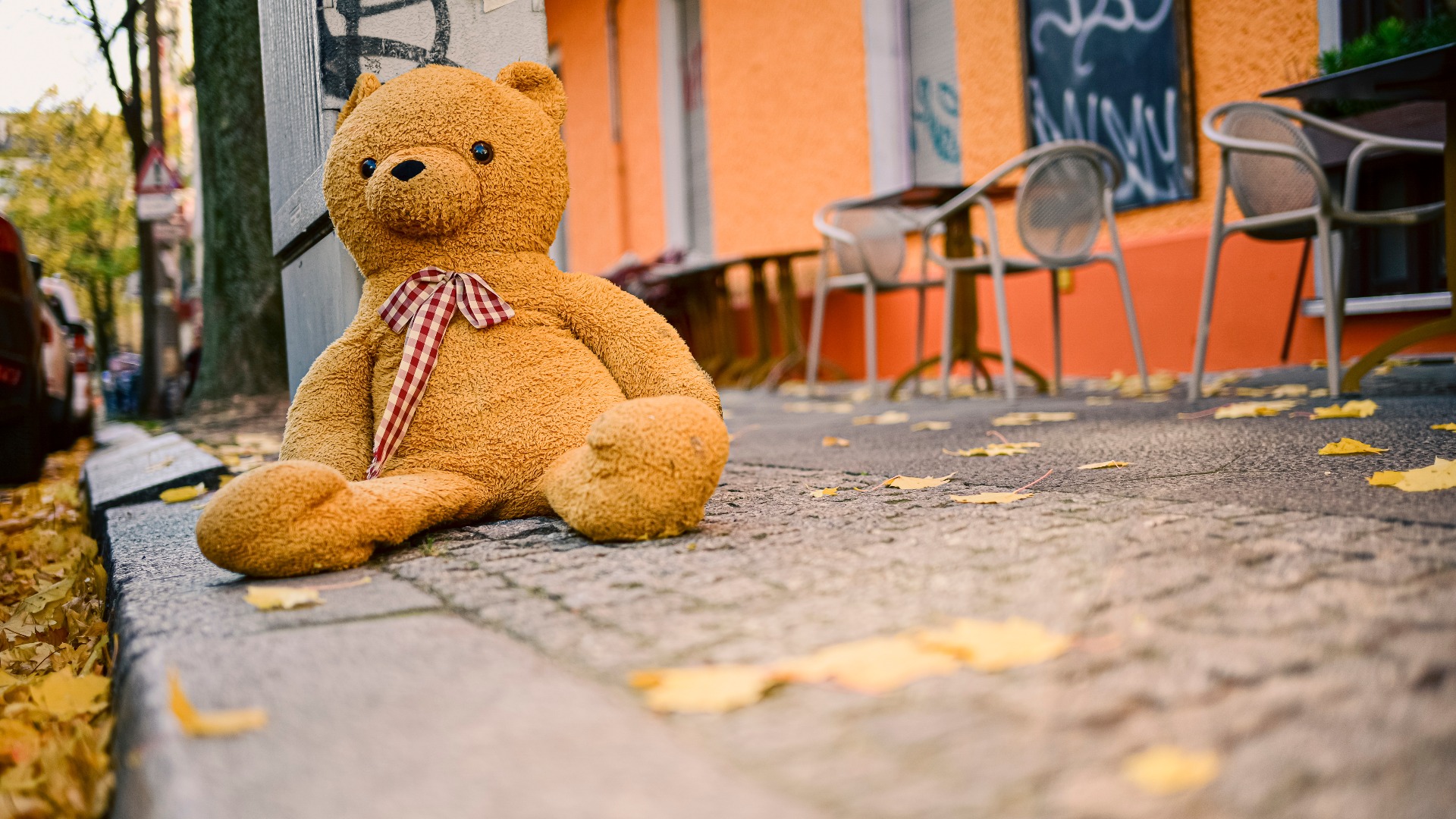 Einsamer Teddybär am Straßenrand
